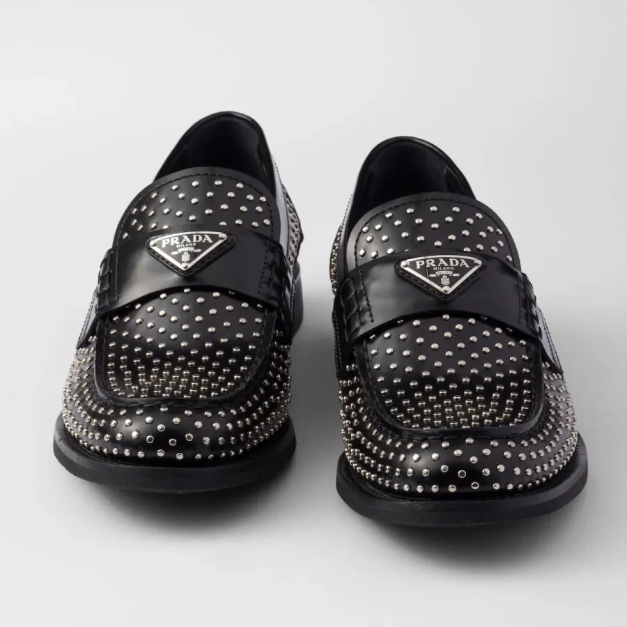 PRADA Studded shiny leather loafers