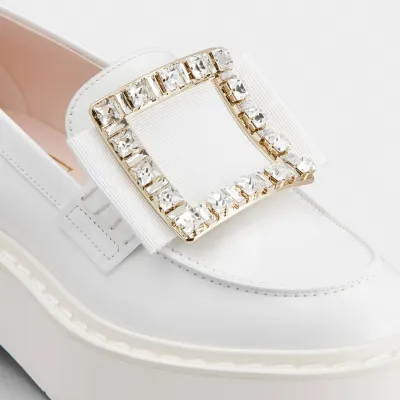 Roger Vivier Viv' Rangers Loafers In White Patent Leather With Crystal Buckle (Heel Height 5.5cm)