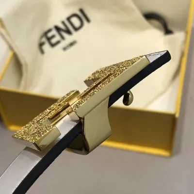 Fendi Men's FF Reversible Belt In White/Black Calfskin And FF Monogram Canvas With Gold/Silver Hardware 38mm
