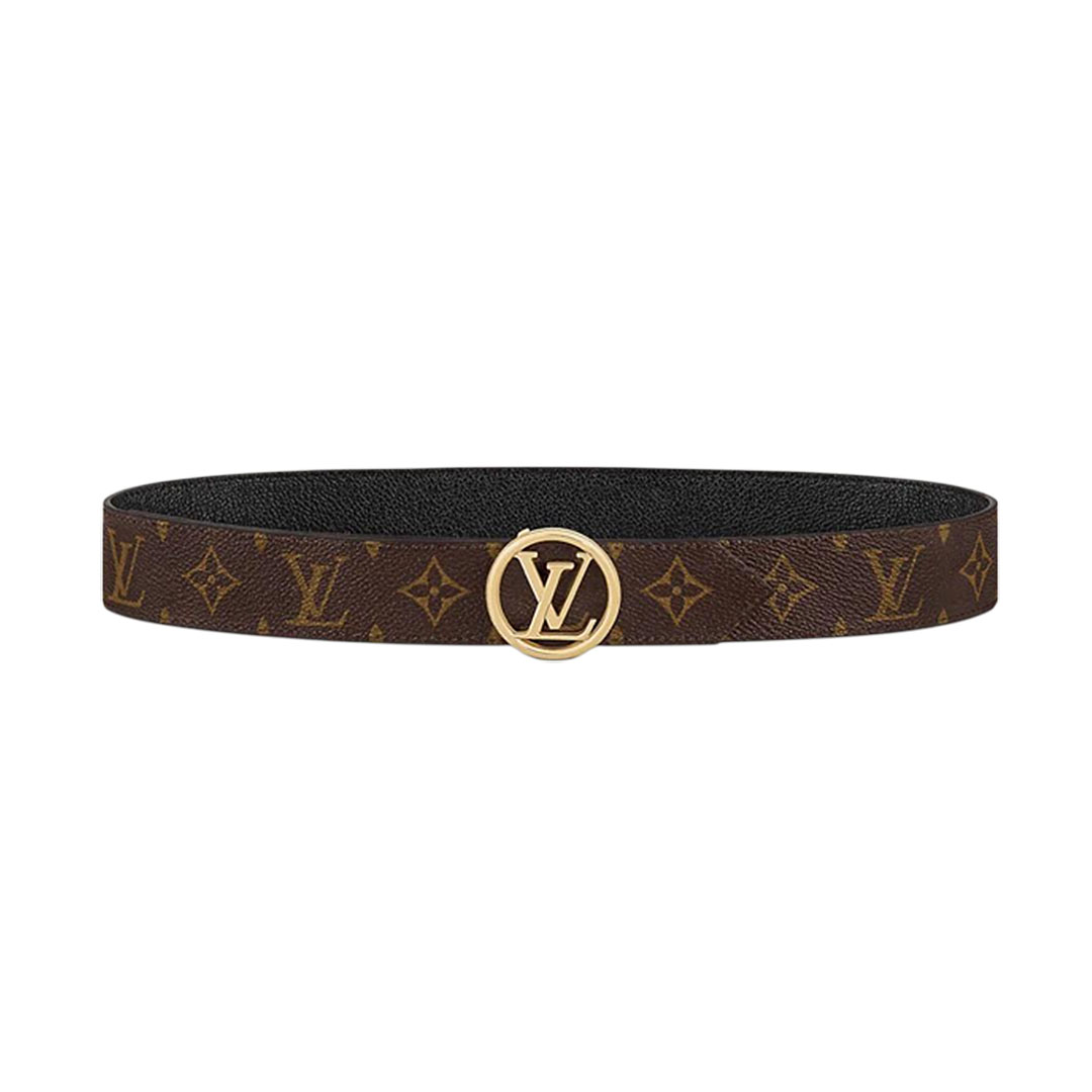 Cinto Feminino Louis Vuitton com Fivela Circular em Couro Bezerro Preto e Canvas Monograma com Acabamento Dourado 35mm