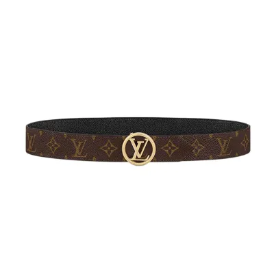 Louis Vuitton Women's Circle Buckle Belt In Black Calfskin And Monogram Canvas With Gold Hardware 35mm