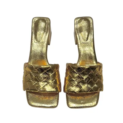 Bottega Veneta Parco Mule In Gold Intrecciato Leather Kitten-Heel Mule Sandal (Heel Height 4.5cm)