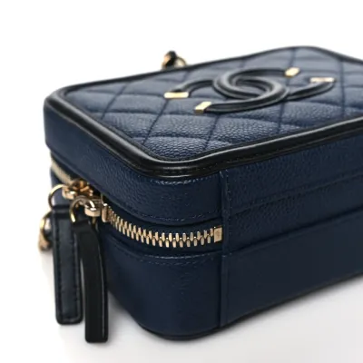Chanel CC Filigree Vanity Case Small Navy/Black Quilted Caviar Leather Gold Hardware