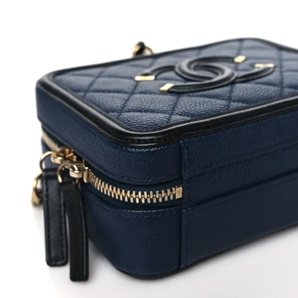 Chanel CC Filigree Vanity Case Small Navy/Black Quilted Caviar Leather Gold Hardware - Image 4