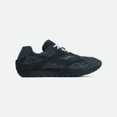 Bottega Veneta Orbit Flash Sneakers In Dark Blue Weathered Suede Leather And Mesh Lace-Up Sneaker