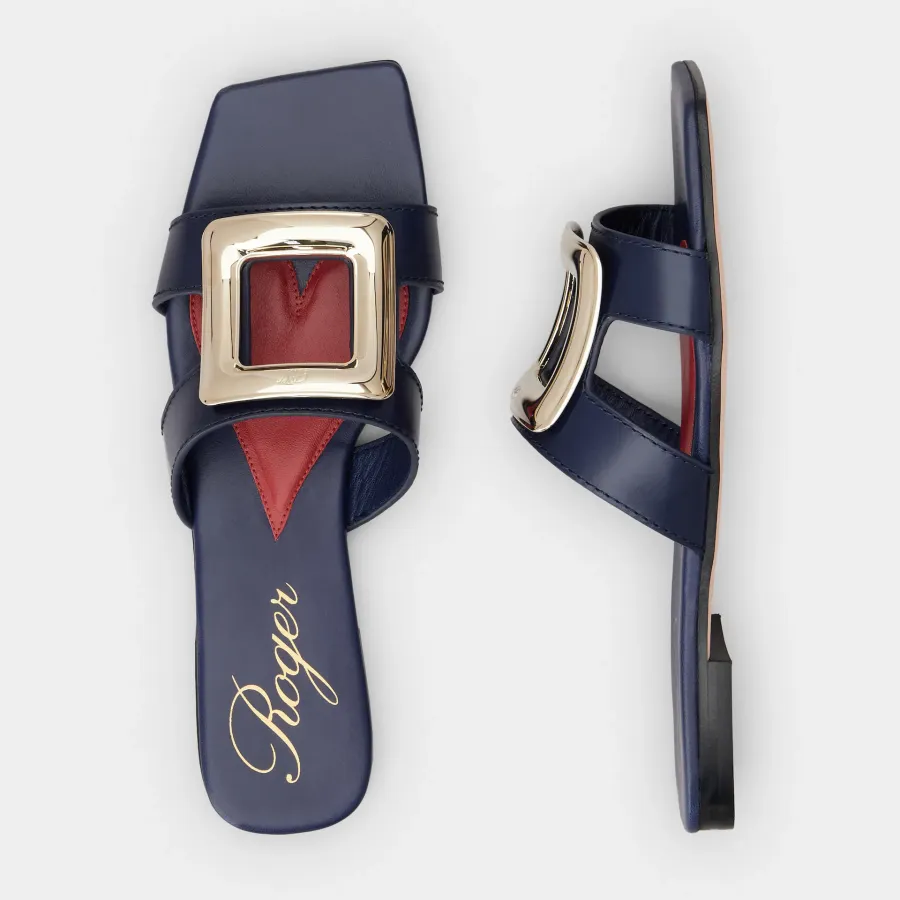 Roger Vivier Viv' By The Sea Mules Flats In Navy Blue Leather With Metal Buckle