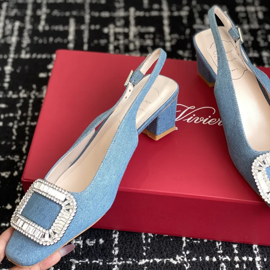 Roger Vivier Belle Viver Slingback Pumps High Heels In Blue Denim With Crystal Buckle (Heel Height 4.5cm)