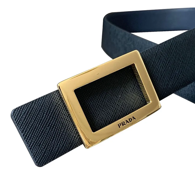 Prada Men' s Square Buckle Reversible Belt In Black/Blue/White Saffiano Calfskin With Gold/Silver Hardware 34mm