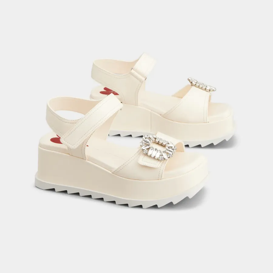 Roger Vivier Slidy Viv' Wedge Sandals In White Calfskin Leather With Crystal Buckle (Heel Height 6.5cm)