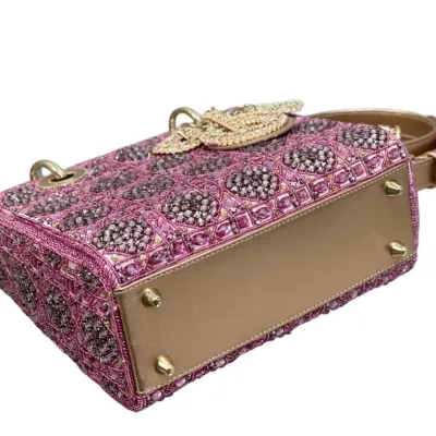 Dior Small Lady Dior Bag Metallic/Blue/Grey Lambskin and Rose des Vents/Dark Blue/Light Grey Satin Embroidered with Beads Gold Hardware