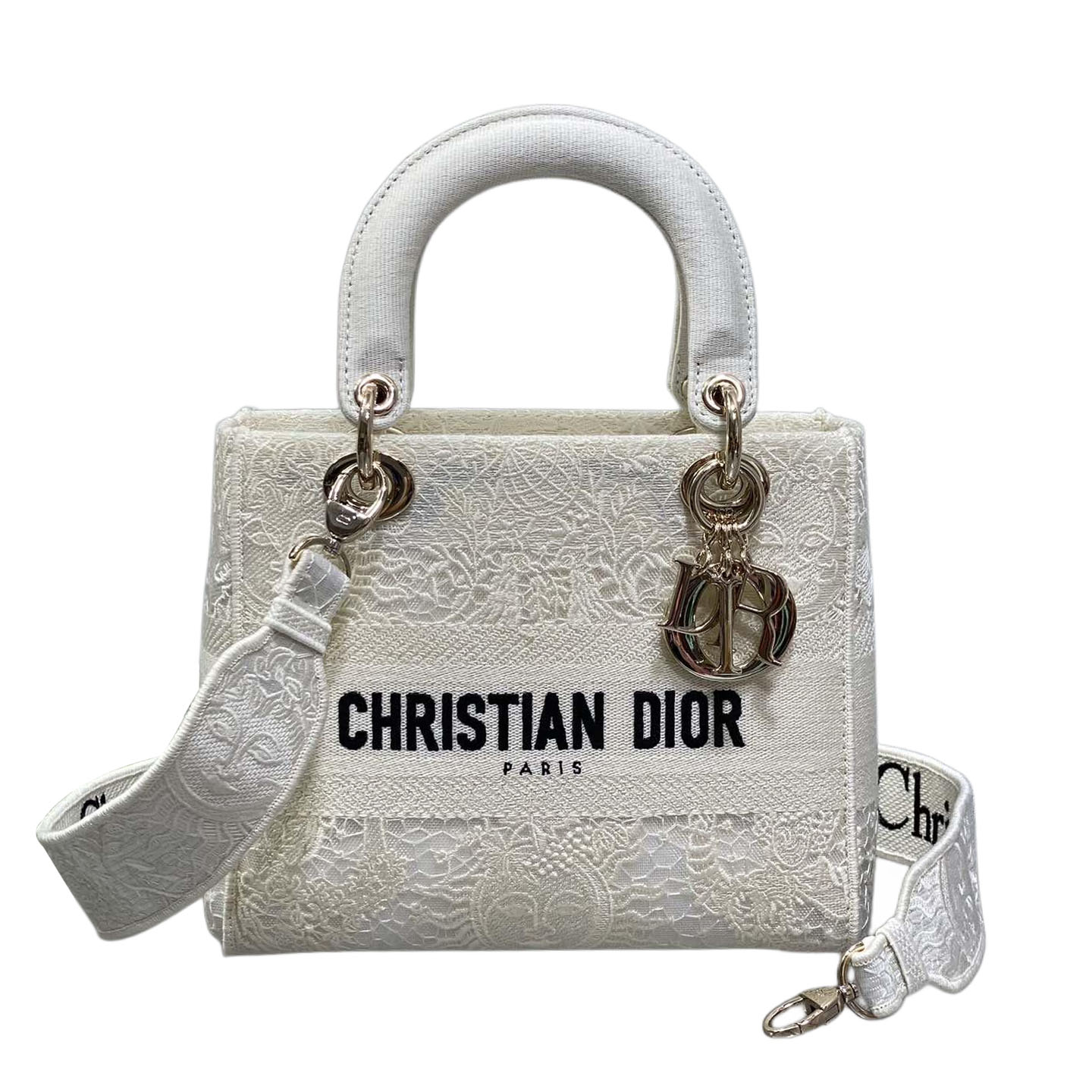 Dior Medium Lady D-Lite Em Branco/Preto Em Tela Bordada Com Renda e Hardware Dourado
