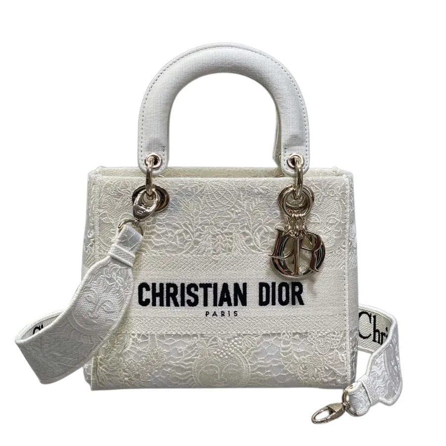 Dior Medium Lady D-Lite In White/Black Lace Embroidered Canvas Gold Hardware