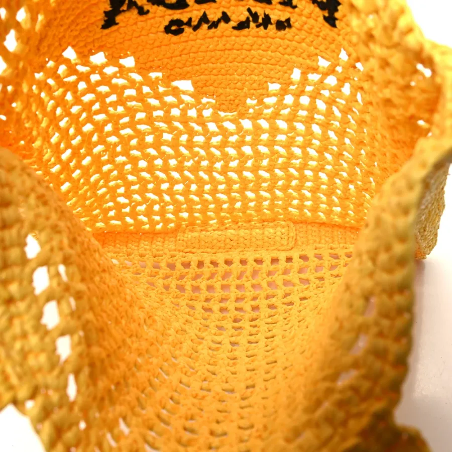 Prada Large Effect Crochet Logo Embroidered Tote Bag Giallo Yarn Raffia