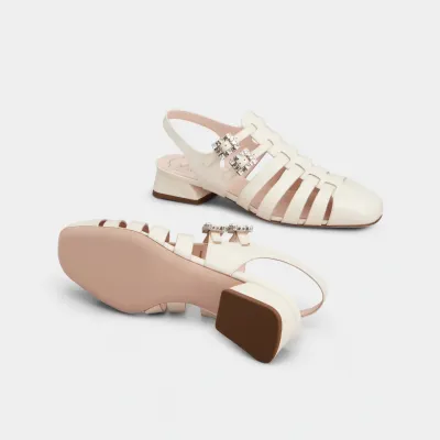 Roger Vivier Très Vivier Sandals In White Patent Leather With Crystal Buckle (Heel Height 4.5cm)