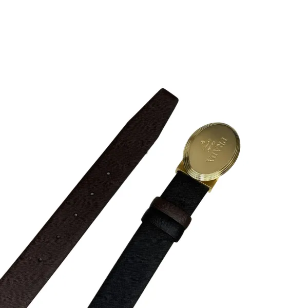 Prada Men' s Oval Buckle Belt In Black/Brown/Burgundy/Grey Saffiano Calfskin With Gold/Silver Hardware 34mm - Image 2