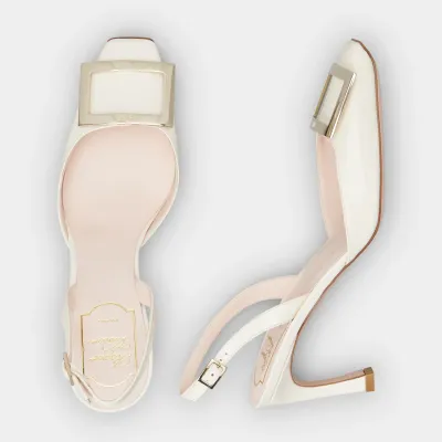 Roger Vivier Trompette Slingback Pumps High Heels In White Patent Leather With Metal Buckle (Heel Height 7cm)