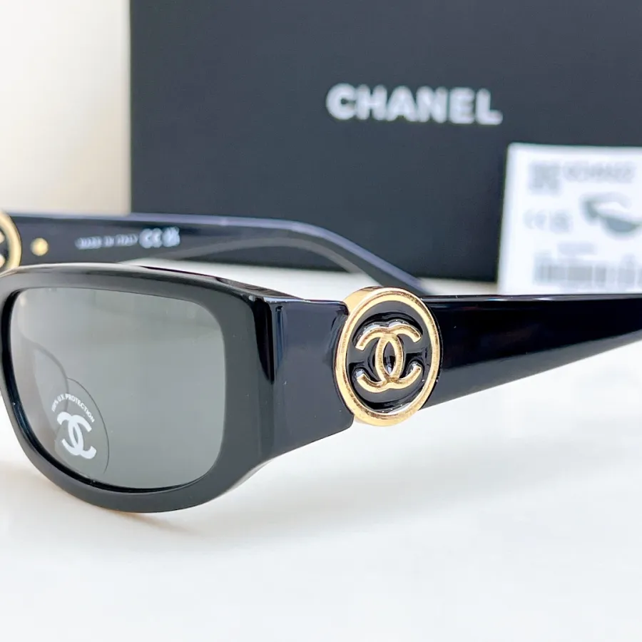 CHANEL square frame glasses black gold color size 56-18-137