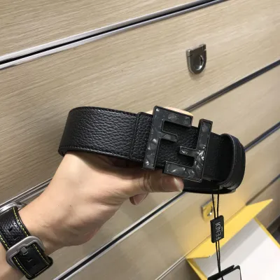 Fendi Men's Square Buckle Belt In Black Calfskin With Black Hardware 38mm