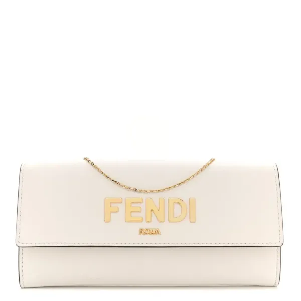 Fendi Metal Fendi Roma Logo Chain Continental Wallet White Kyoto Vitello Leather Gold Hardware