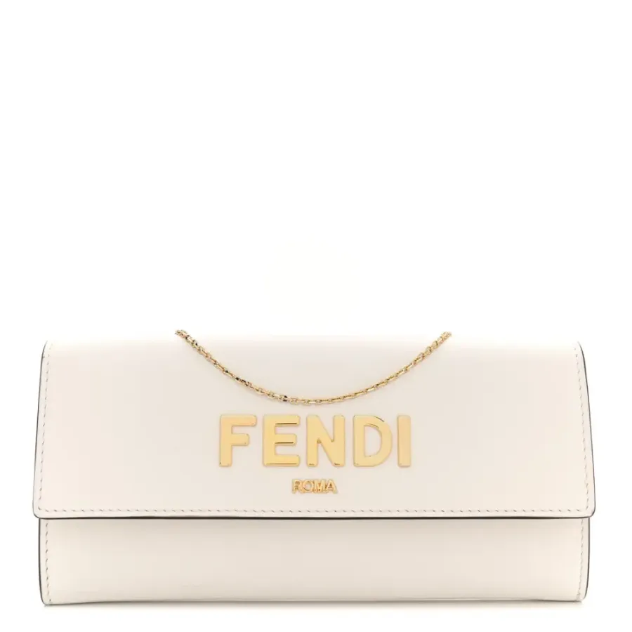 Fendi Metal Fendi Roma Logo Chain Continental Wallet White Kyoto Vitello Leather Gold Hardware