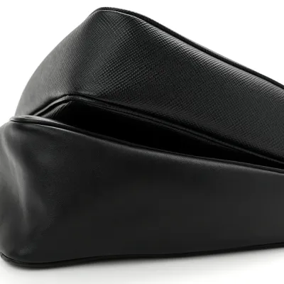 Prada Medium Double Triangle Shoulder Bag Black Vitello Saffiano Cuir Leather Silver Hardware