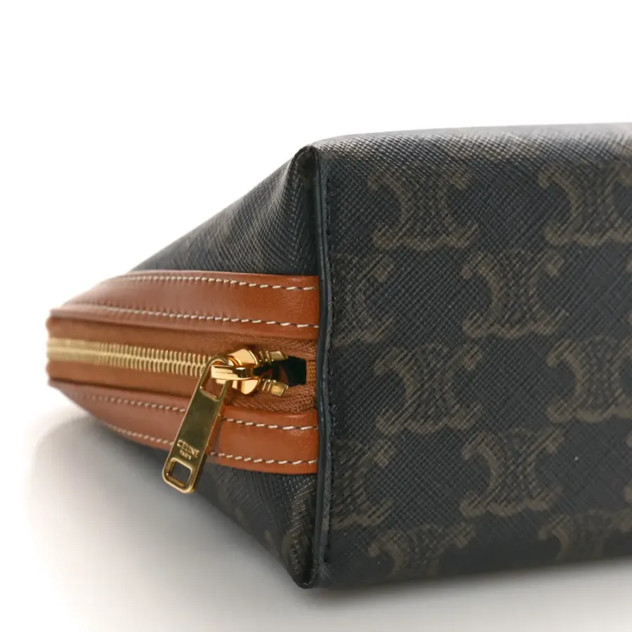 Celine Mini Clutch on Chain Tan Triomphe Canvas & Calfskin Leather Gold Hardware