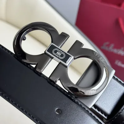 Ferragamo Men's Double Gancini Buckle Belt In Black Calfskin With Gold/Gun Black Hardware 35mm