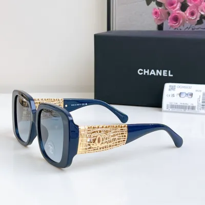 CHANEL square frame glasses blue gold color size 54-20-140