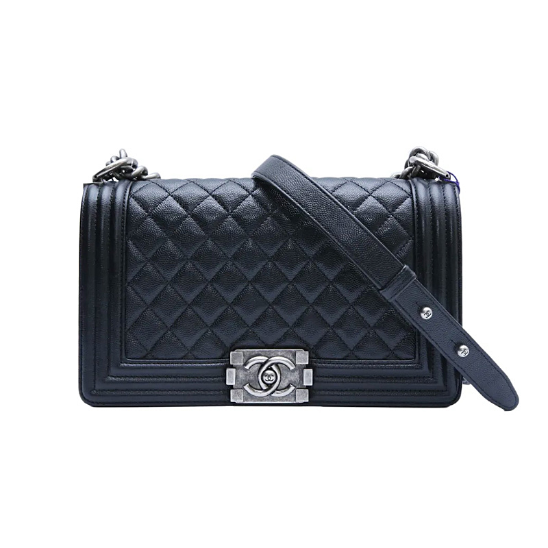 Chanel Lleboy Preto Couro Bezerro Acinturado Brilhante / Couro Caviar Acinturado Bolsas de Ombro Bolsas Transversais