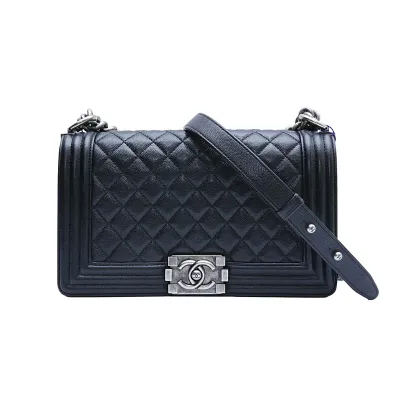 Chanel Lleboy Black Quilted Shiny Calfskin Leather / Quilted Caviar Leather Shoulder Bags Crossbody Bags