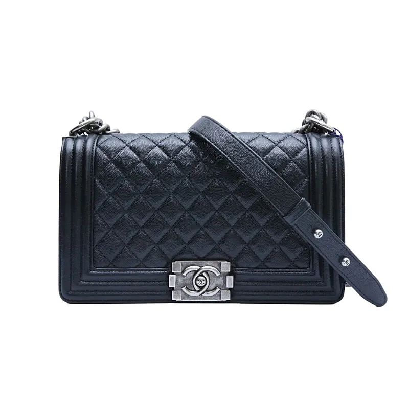Chanel Lleboy Black Quilted Shiny Calfskin Leather / Quilted Caviar Leather Shoulder Bags Crossbody Bags