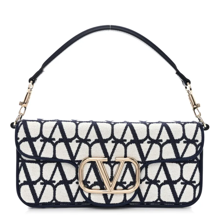 Valentino Garavani Small VLogo Locò Shoulder Bag White/Worker Toile Iconographe Cotton Silver Hardware