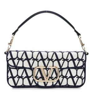Valentino Garavani Small VLogo Locò Shoulder Bag White/Worker Toile Iconographe Cotton Silver Hardware