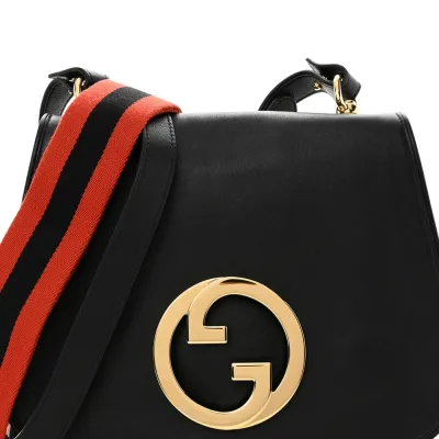 Gucci Medium Web Blondie Shoulder Flap Bag Black Roxy Calfskin Leather Gold Hardware