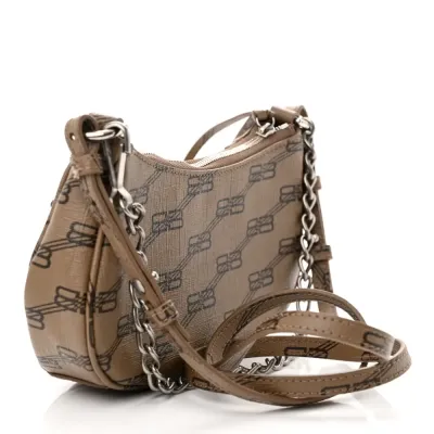 Balenciaga BB Le Cagole Mini Purse With Chain Beige/Brown Coated Canvas Monogram Silver Hardware