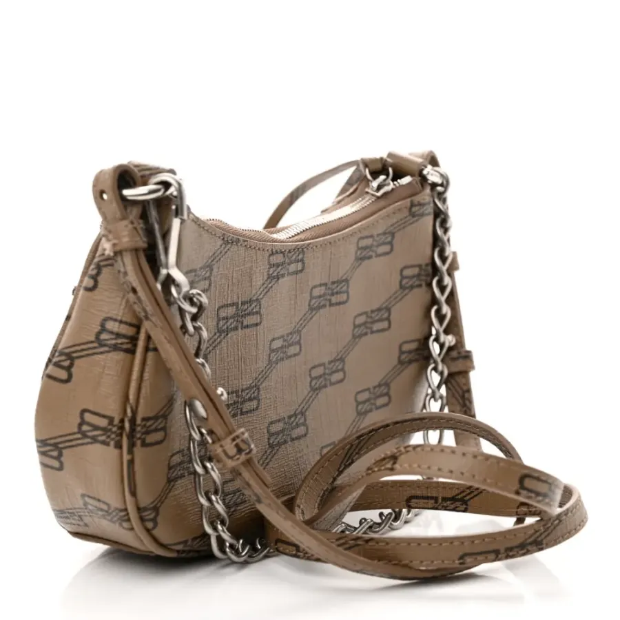 Balenciaga BB Le Cagole Mini Purse With Chain Beige/Brown Coated Canvas Monogram Silver Hardware