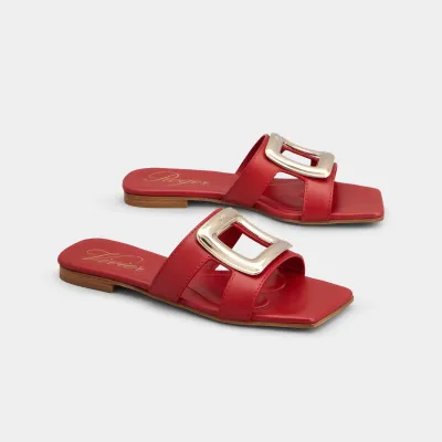 Roger Vivier Viv' By The Sea Mules Flats In Red Leather With Metal Buckle