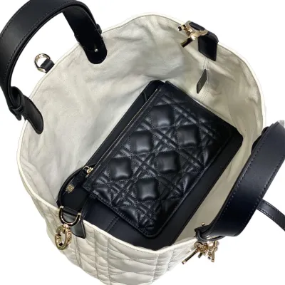 Dior Medium Dior Toujours Bag In White And Black Macrocannage Calfskin With Light Gold Hardware