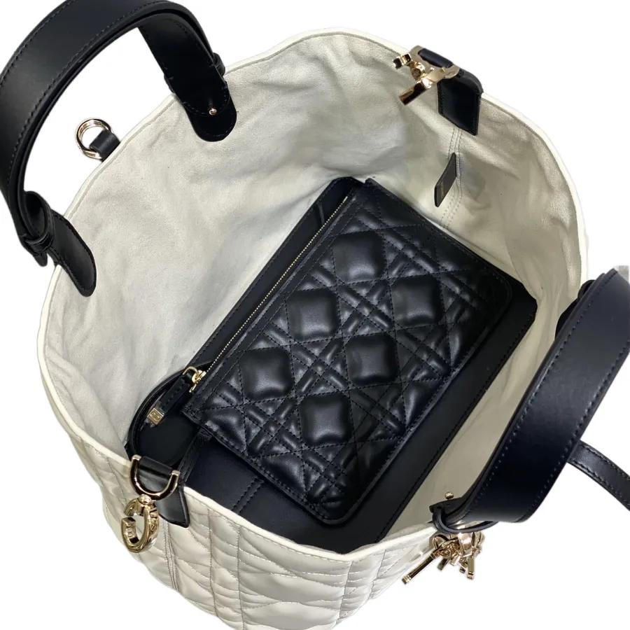 Dior Medium Dior Toujours Bag In White And Black Macrocannage Calfskin With Light Gold Hardware