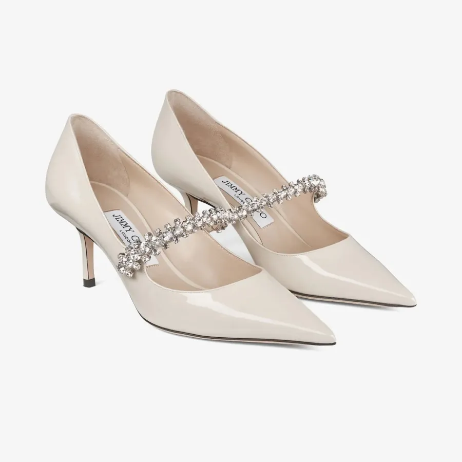 JIMMY CHOO Crystal decorated linen patent leather heels