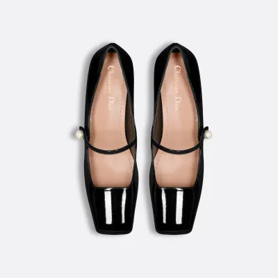Dior black patent leather square head thick heel high heels shoes