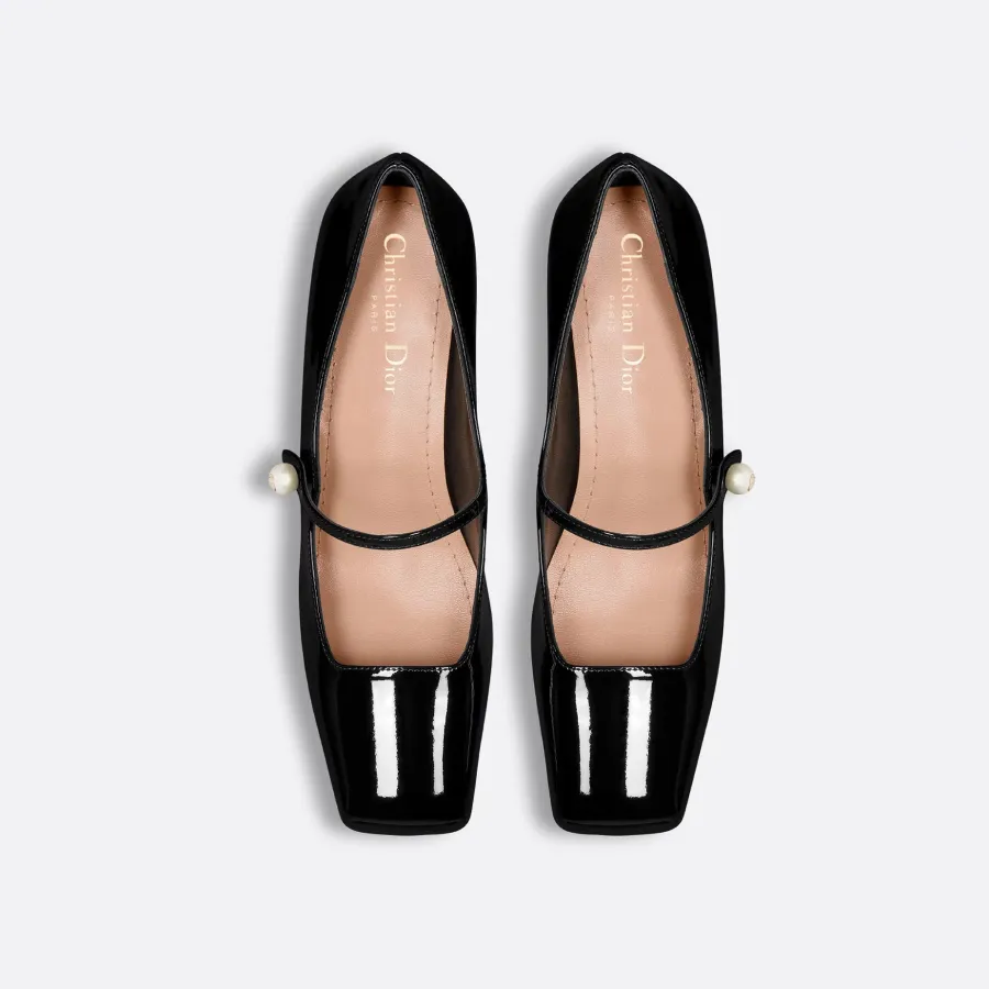 Dior black patent leather square head thick heel high heels shoes