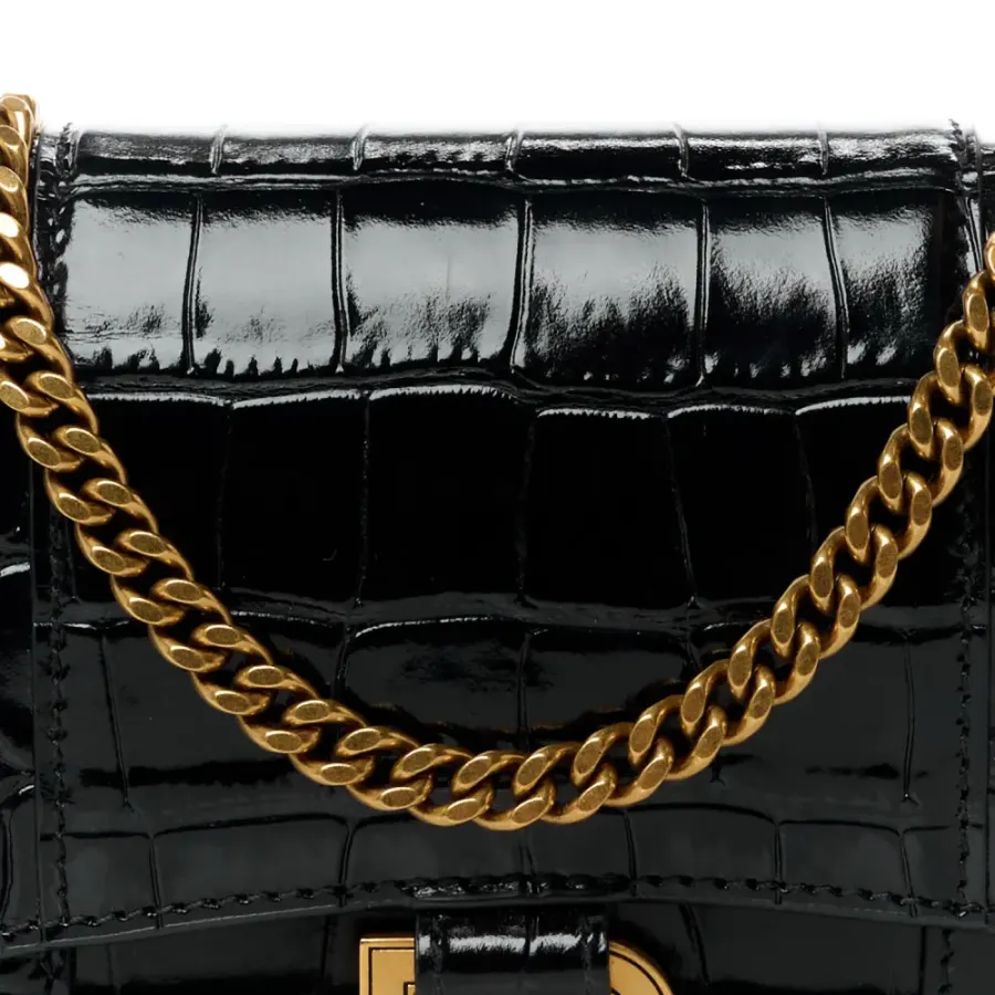 Balenciaga XS Hourglass Chain Bag Black Crocodile Embossed Shiny Calfskin Leather Gold Hardware