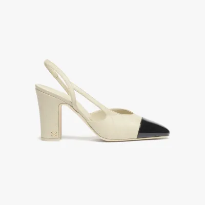 Chanel lambskin, calf patent leather, ivory white and black Rear lace up high heels High Heels Sandal