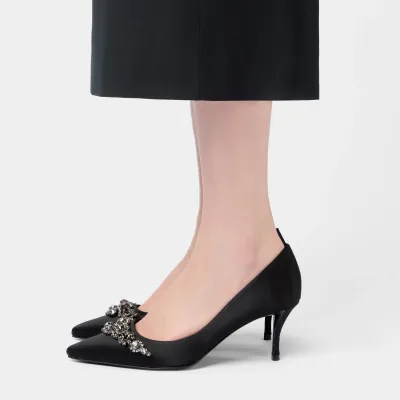 Roger Vivier Efflorescence Pumps High Heels In Black Satin With Crystal Flowers Buckle (Heel Height 6.5cm)