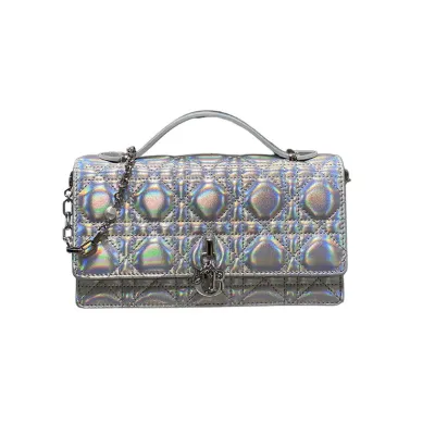 Dior My Dior Top Handle Bag With Chain And Pearl In Silver Cannage Lambskin With Silver Hardware