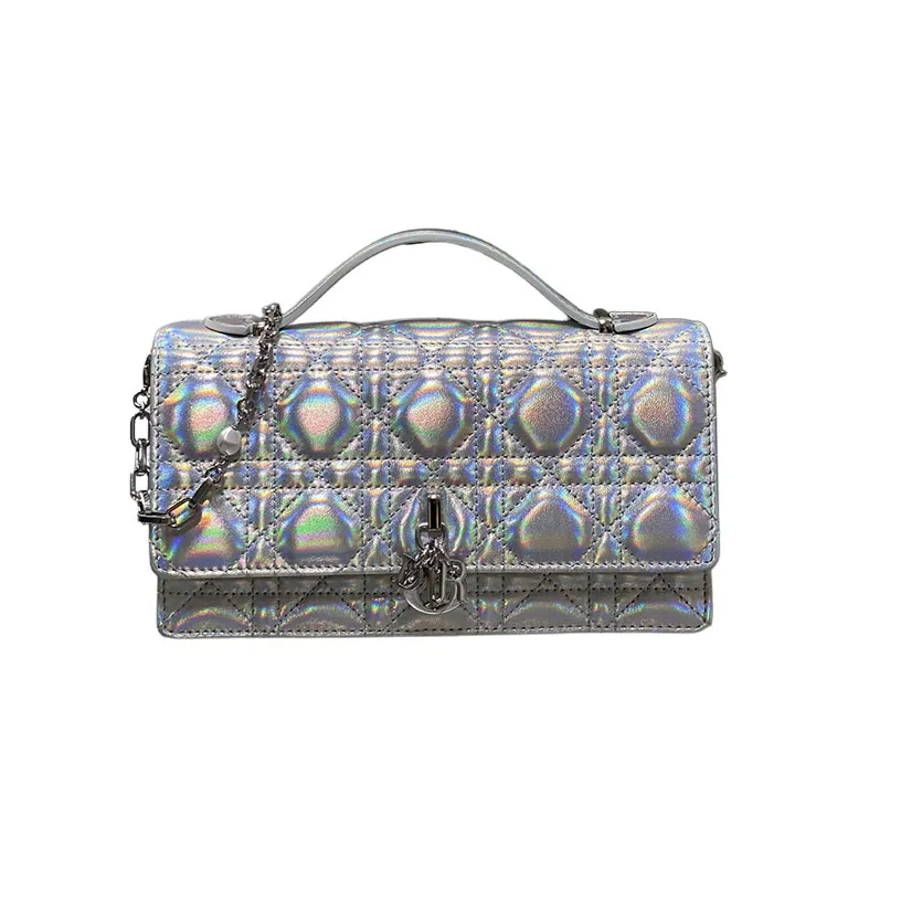 Dior My Dior Top Handle Bag With Chain And Pearl In Silver Cannage Lambskin With Silver Hardware