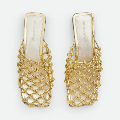 Bottega Veneta Riva Flat Mule In Gold Woven Hand-Knotted Leather Mule Pump
