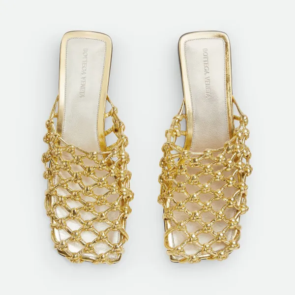 Bottega Veneta Riva Flat Mule In Gold Woven Hand-Knotted Leather Mule Pump - Image 4