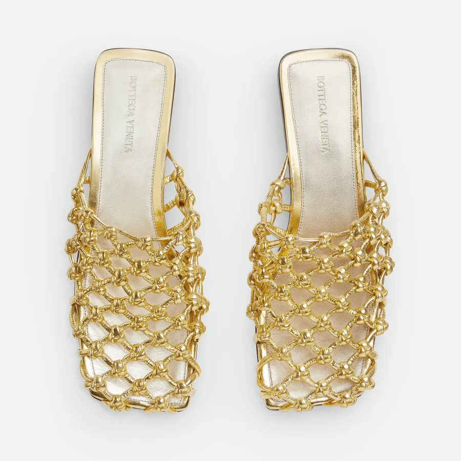Bottega Veneta Riva Flat Mule In Gold Woven Hand-Knotted Leather Mule Pump